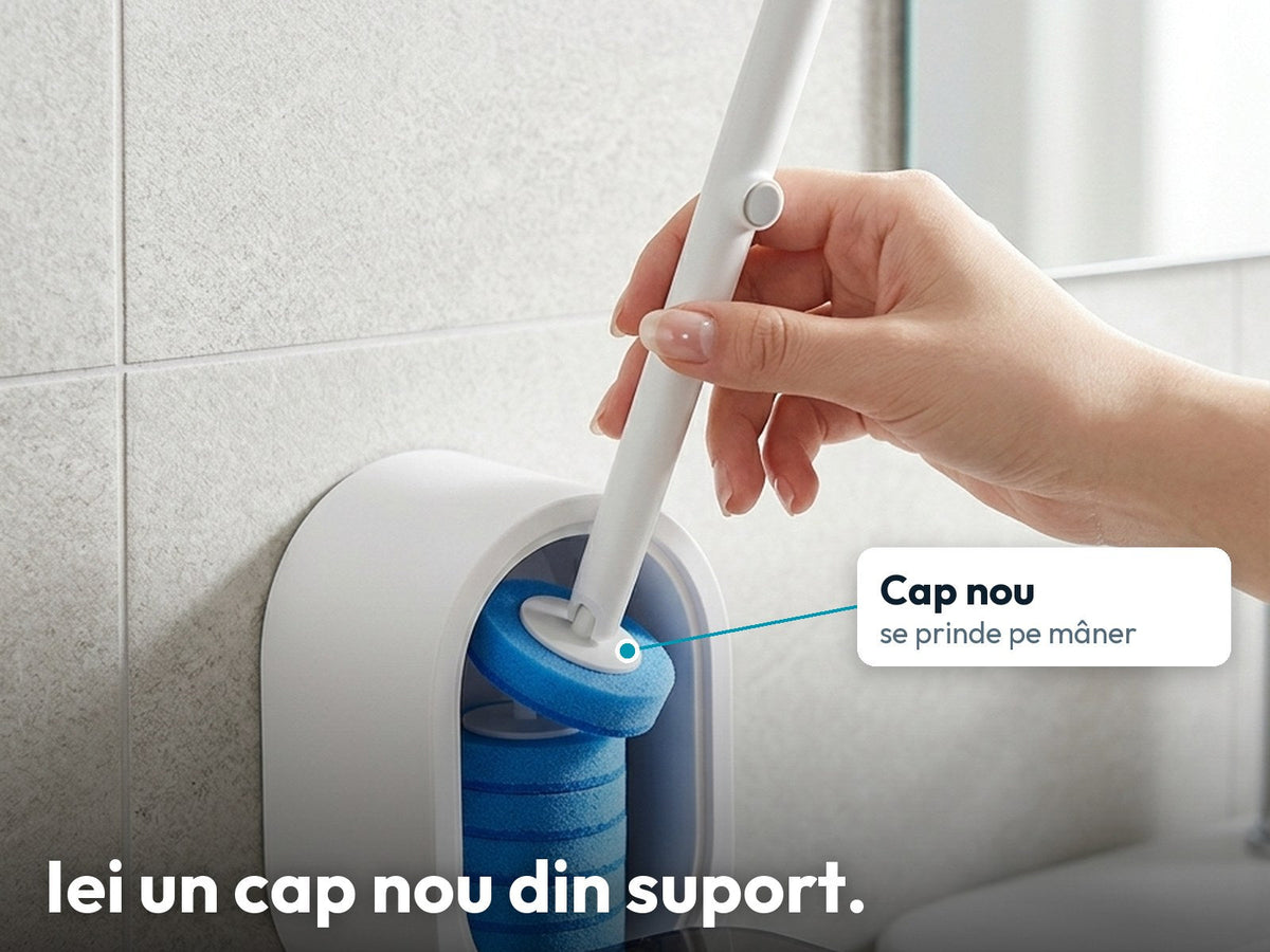 Mânerul periei WC Curatic ia un cap nou din suportul de perete