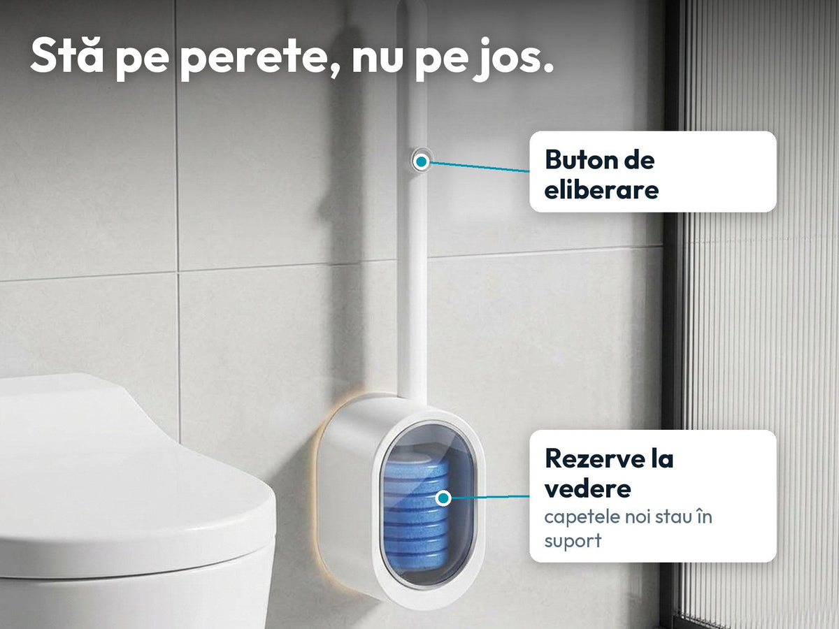 Peria WC Curatic prinsă pe perete, cu capetele de rezervă în suport