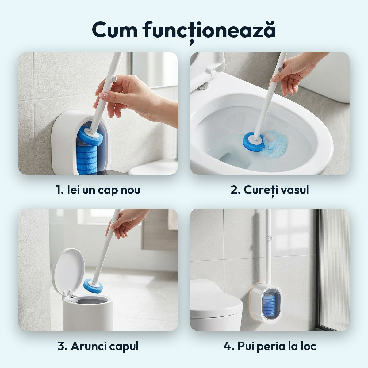 Cum funcționează peria WC Curatic: atașezi capul, cureți, apeși butonul, capul cade în coș