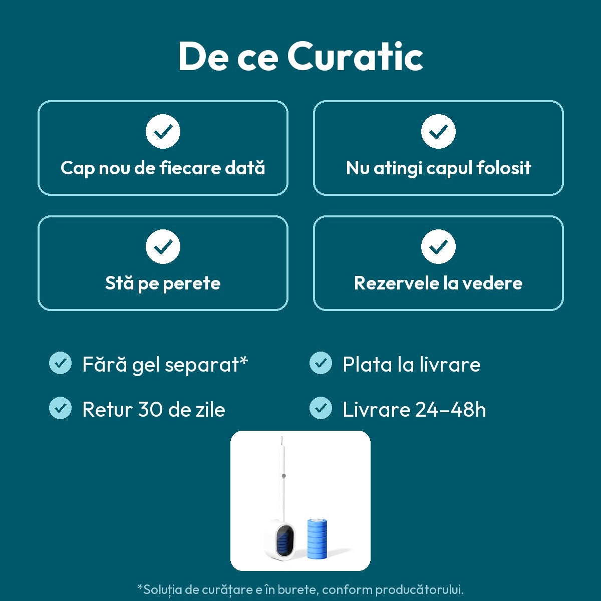 De ce Curatic: cap nou la fiecare curățare, fără atingere, suport pe perete