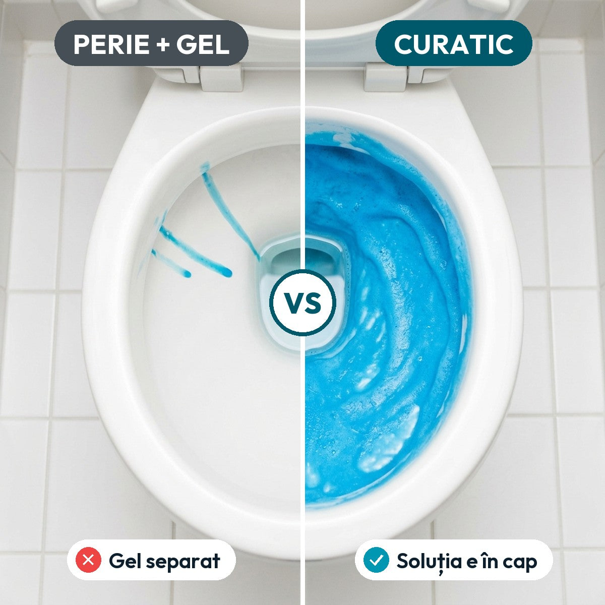 Vas de toaletă împărțit: câteva dâre de gel în stânga, spumă albastră Curatic în dreapta